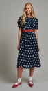 Polka Dot Belted Puff Sleeve Midi Dress in Navy - Women's Casual Dresses | Urban Daizy