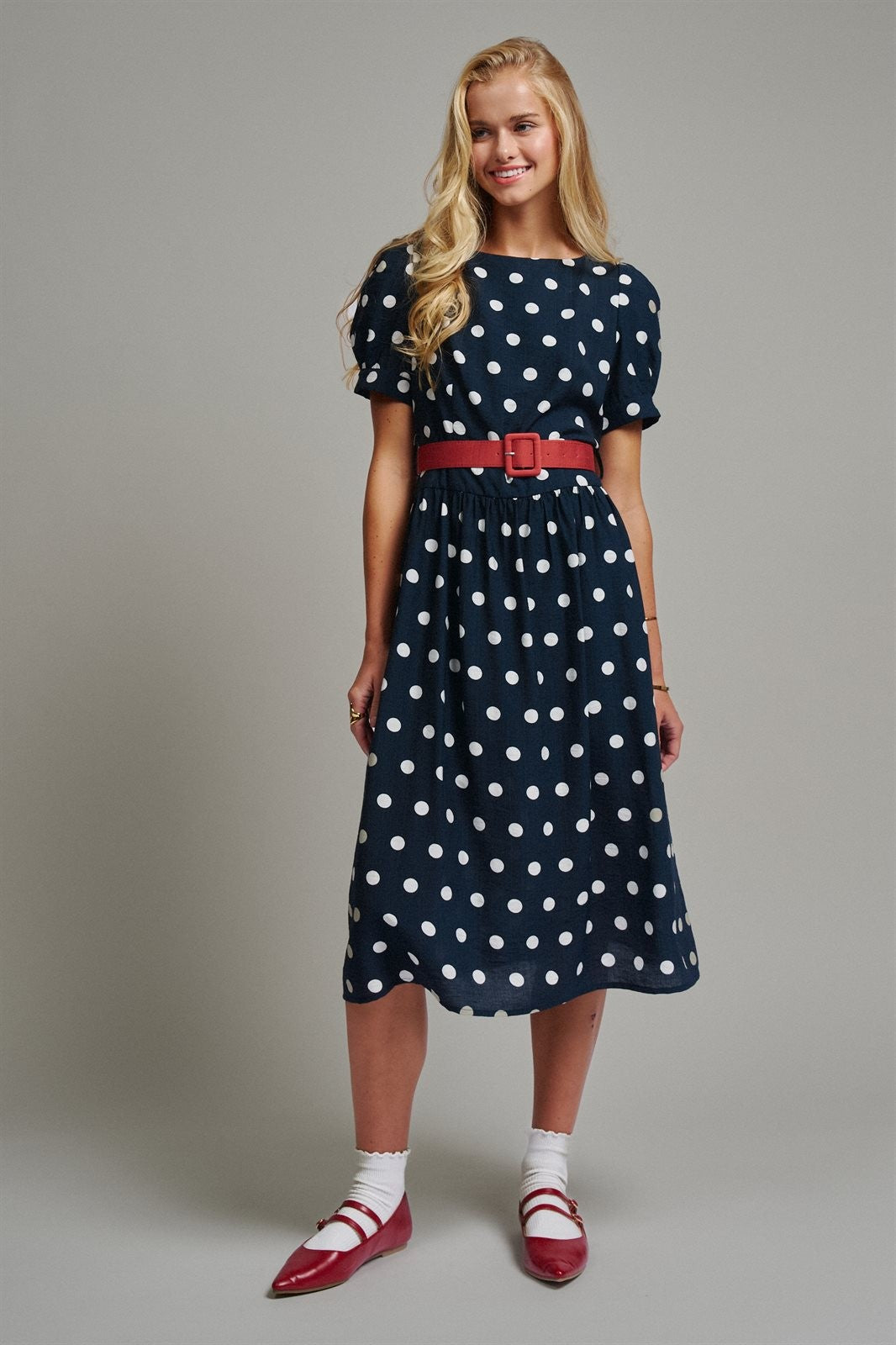 Polka Dot Belted Puff Sleeve Midi Dress in Navy - Women's Casual Dresses | Urban Daizy