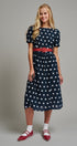 Polka Dot Belted Puff Sleeve Midi Dress in Navy - Women's Casual Dresses | Urban Daizy