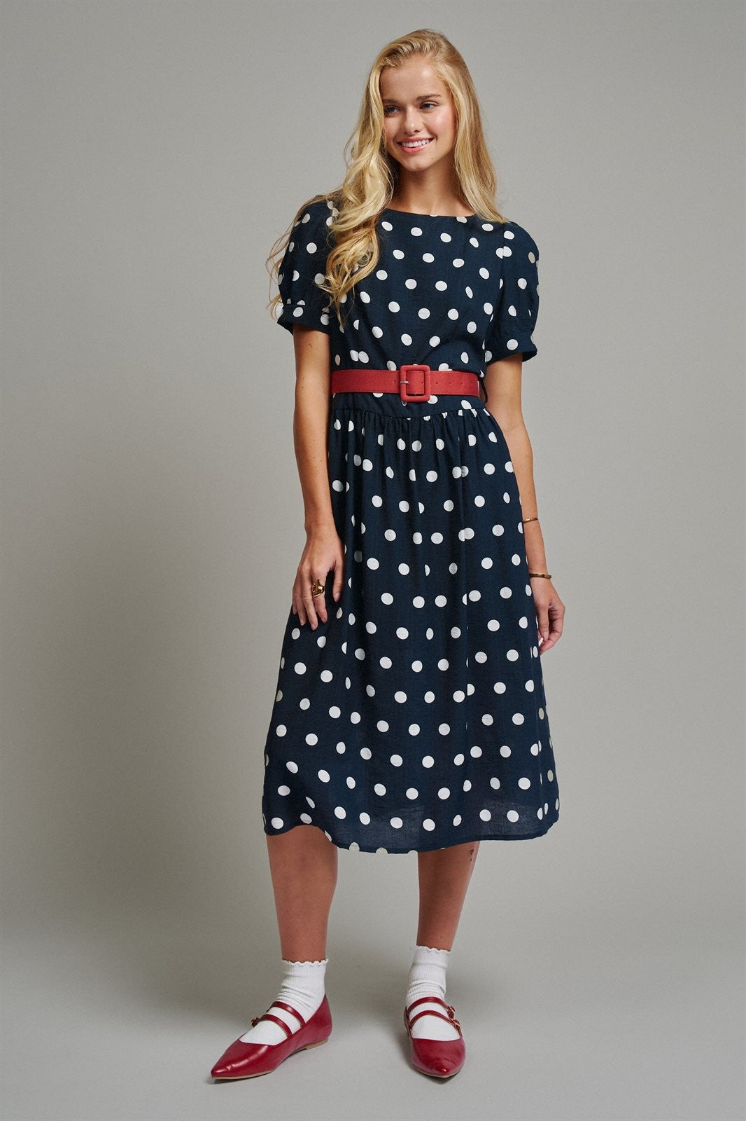 Polka Dot Belted Puff Sleeve Midi Dress in Navy - Women's Casual Dresses | Urban Daizy