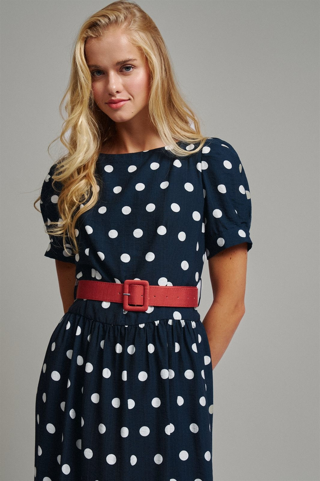 Polka Dot Belted Puff Sleeve Midi Dress in Navy - Women's Casual Dresses | Urban Daizy