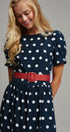 Polka Dot Belted Puff Sleeve Midi Dress in Navy - Women's Casual Dresses | Urban Daizy