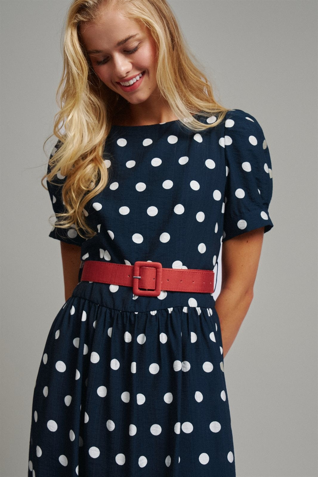 Polka Dot Belted Puff Sleeve Midi Dress in Navy - Women's Casual Dresses | Urban Daizy