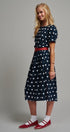 Polka Dot Belted Puff Sleeve Midi Dress in Navy - Women's Casual Dresses | Urban Daizy