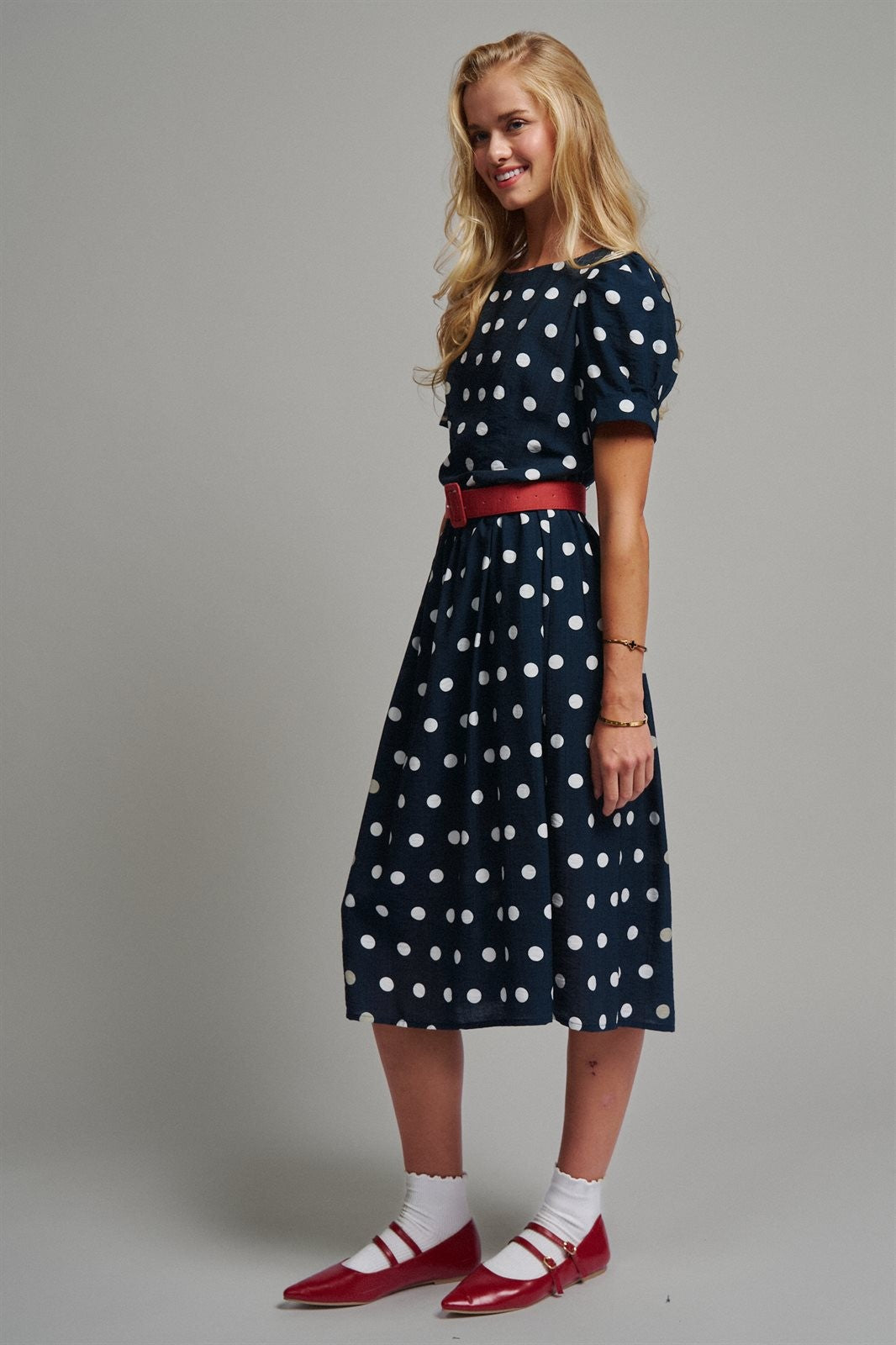 Polka Dot Belted Puff Sleeve Midi Dress in Navy - Women's Casual Dresses | Urban Daizy