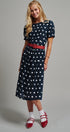 Polka Dot Belted Puff Sleeve Midi Dress in Navy - Women's Casual Dresses | Urban Daizy
