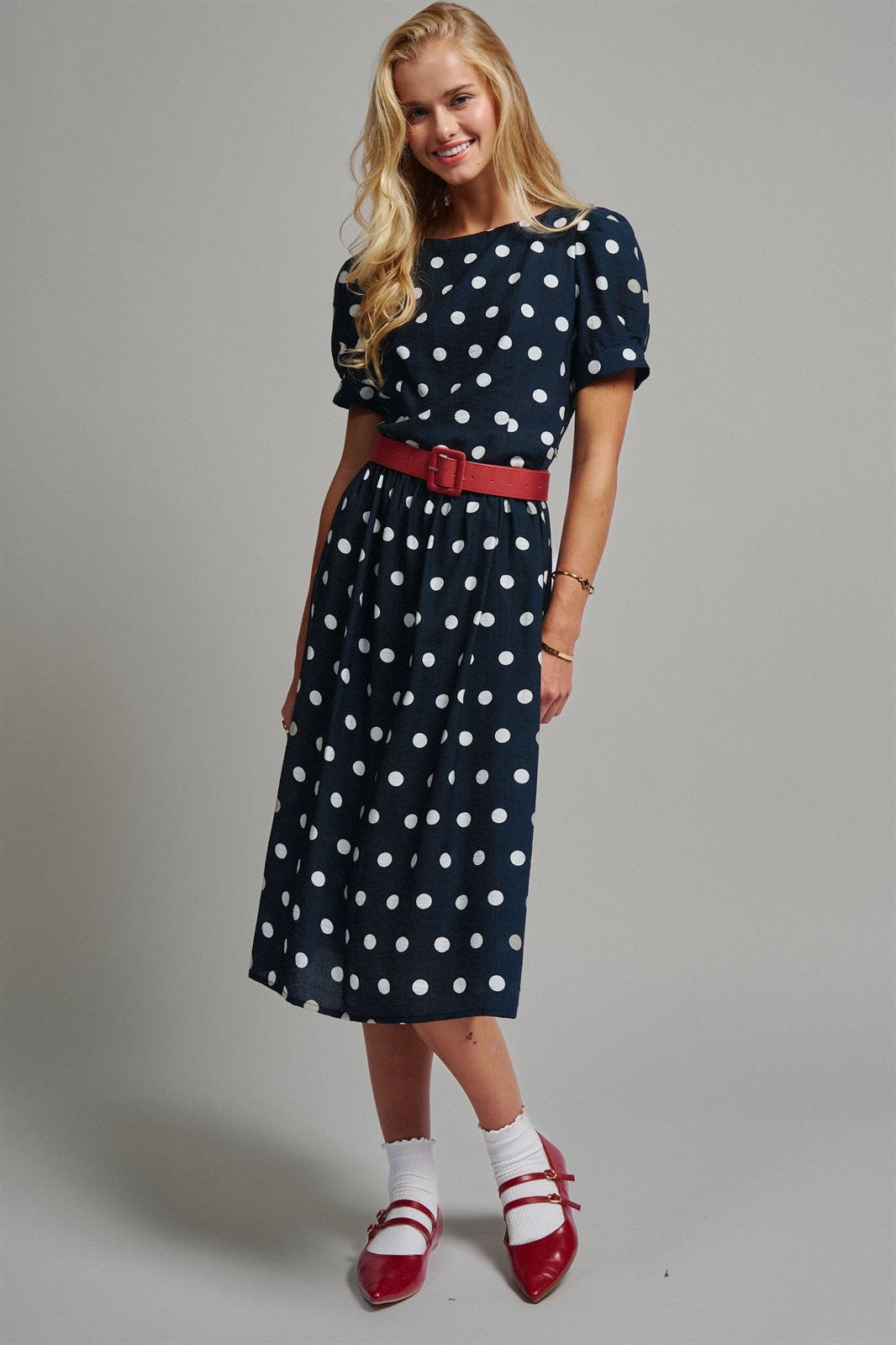 Polka Dot Belted Puff Sleeve Midi Dress in Navy - Women's Casual Dresses | Urban Daizy