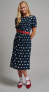 Polka Dot Belted Puff Sleeve Midi Dress in Navy - Women's Casual Dresses | Urban Daizy