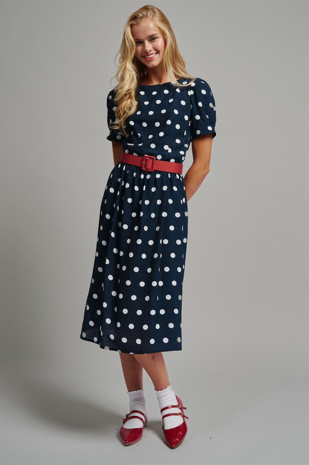 Polka Dot Belted Puff Sleeve Midi Dress in Navy - Women's Casual Dresses | Urban Daizy