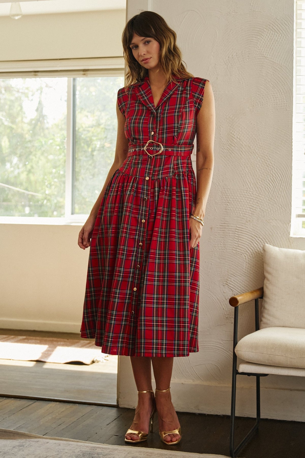 Hearthside Tartan Midi Dress in Red - Women's Cocktail Dresses | Urban Daizy