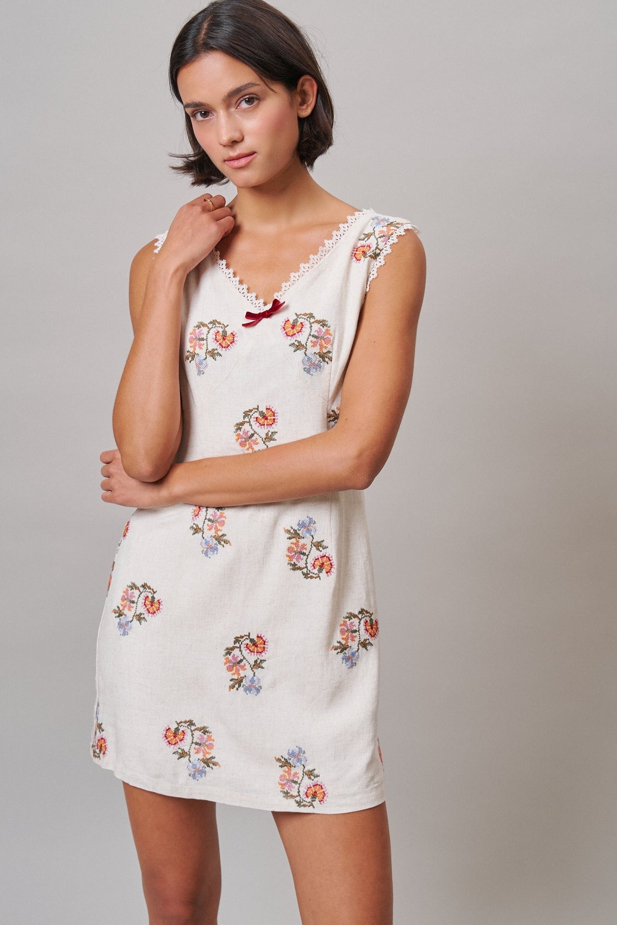 Wildflower Embroidered Mini Dress in Ivory - Women's Casual Dresses | Urban Daizy