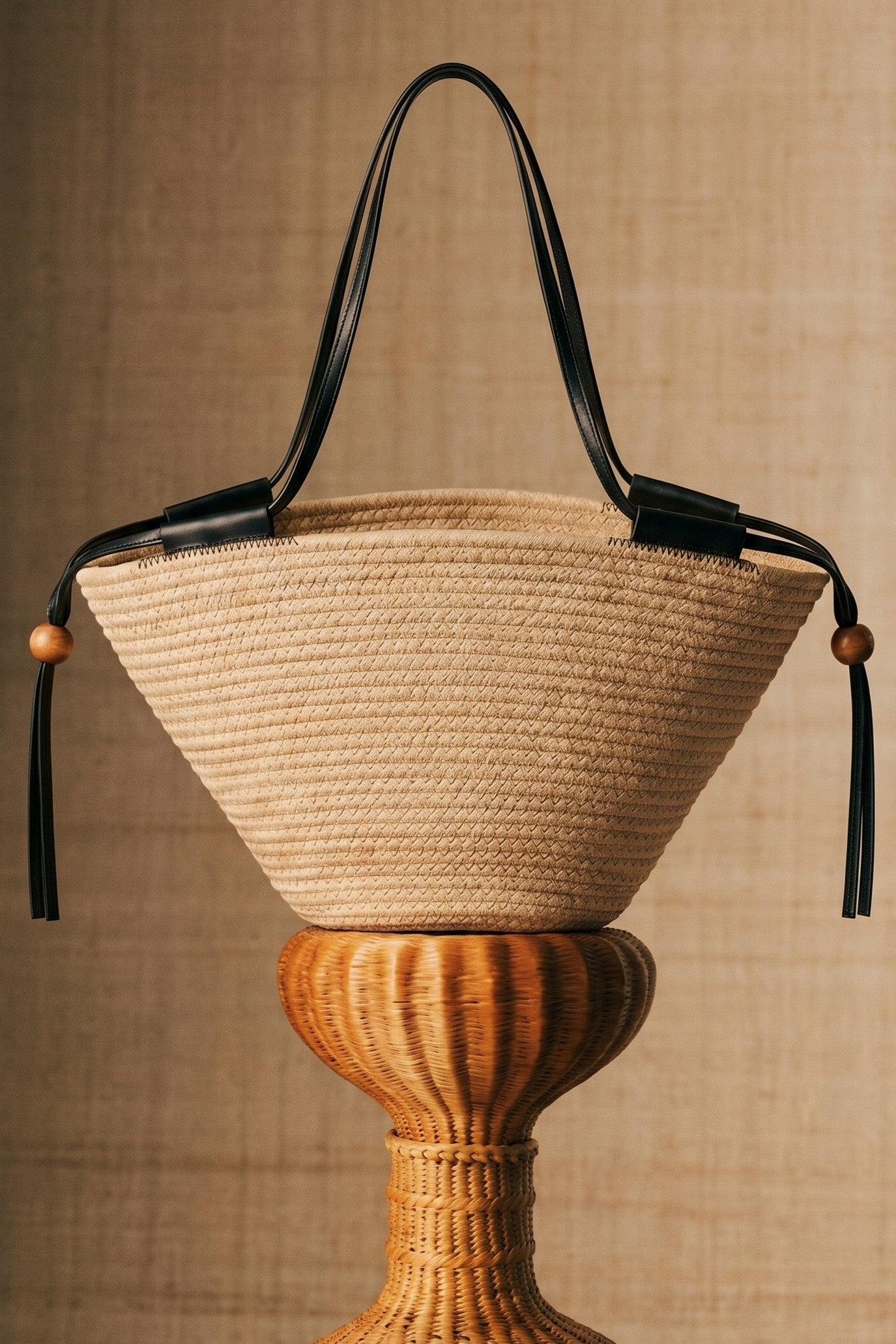 Woven Rope Tote Bag with Leather Handles in Tan - Women's Fashion | Urban Daizy