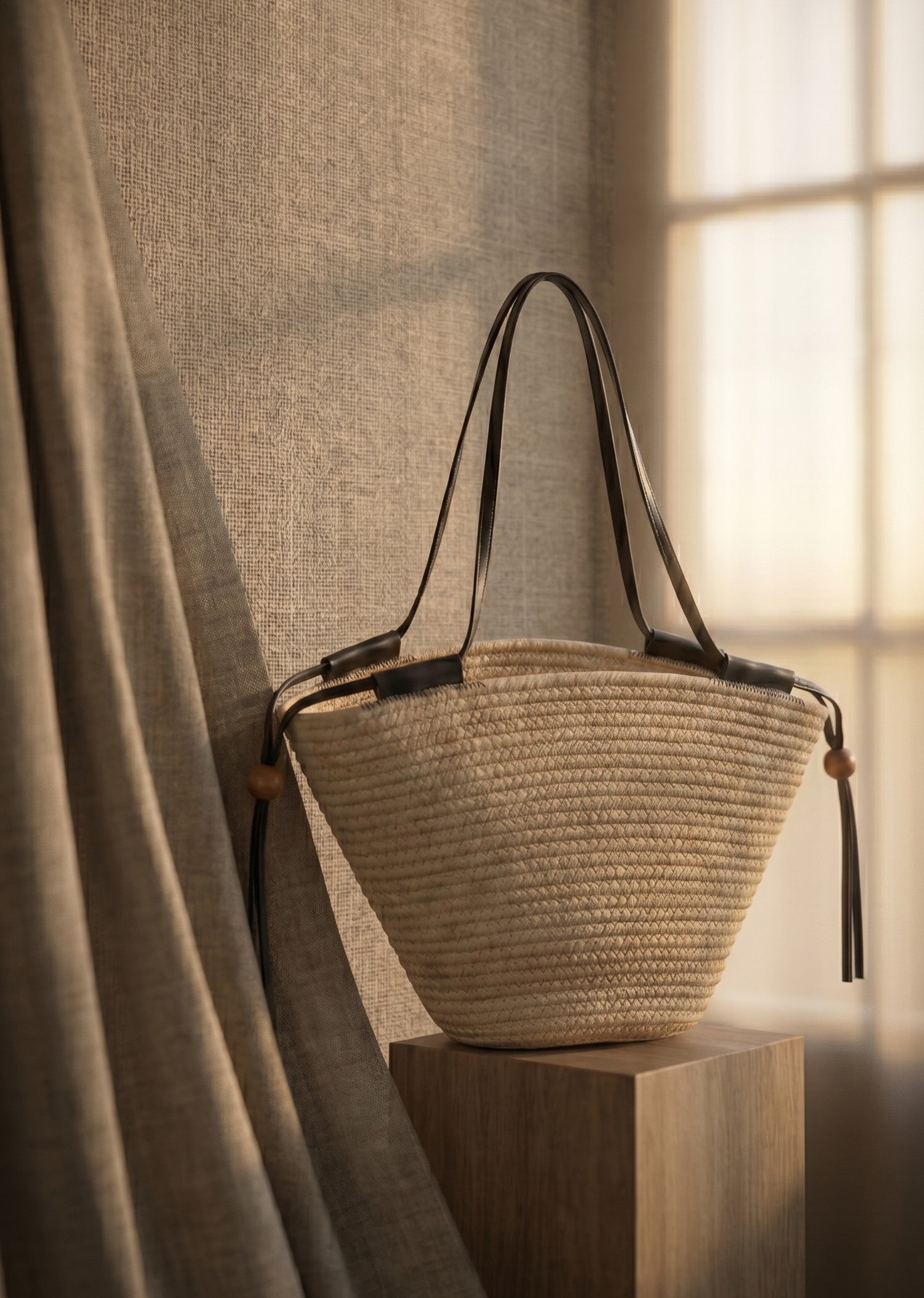 Woven Rope Tote Bag with Leather Handles in Tan - Women's Fashion | Urban Daizy