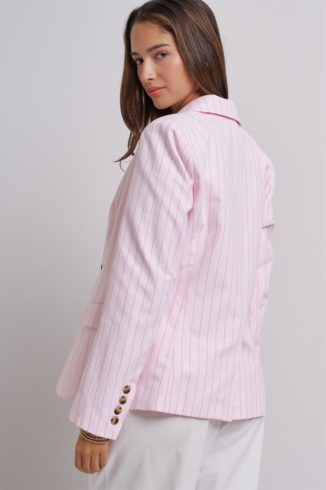 Pink Pinstripe Single-Button Cotton Blazer in Lt Pink - Women's Fashion | Urban Daizy