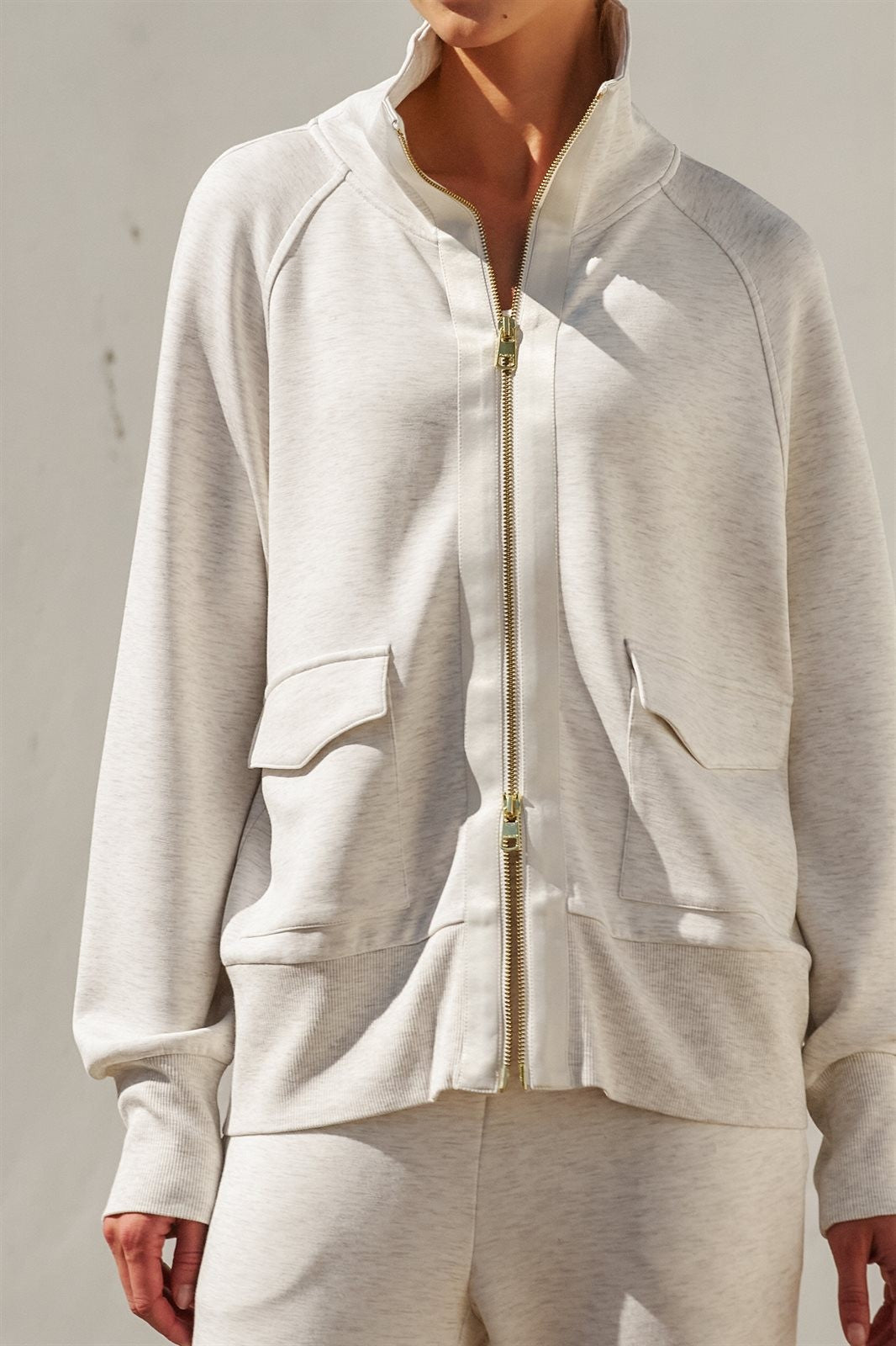 Scuba Knit Zip Up Track Bomber Jacket in White Melange - Women's Fashion | Urban Daizy