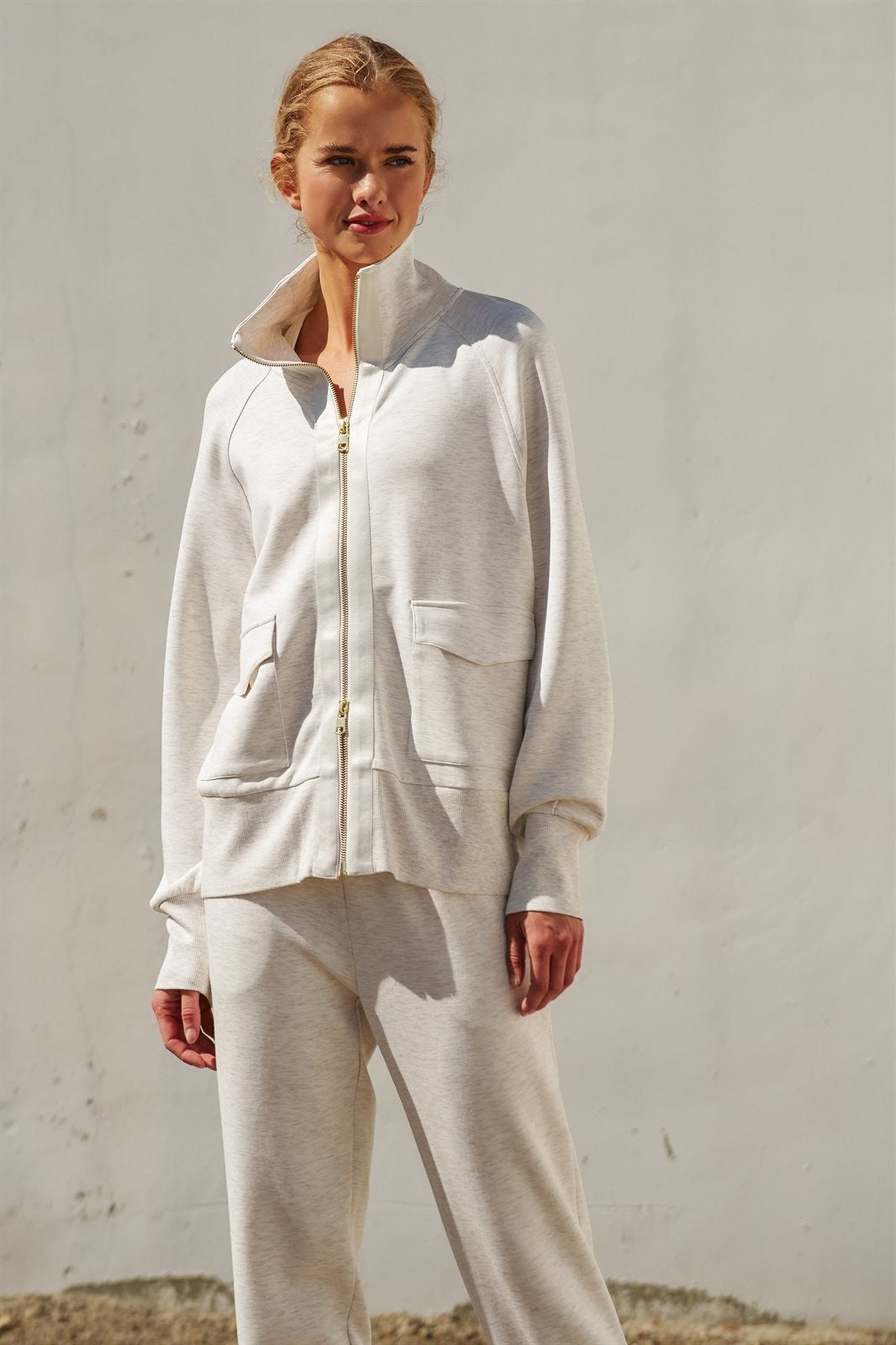 Scuba Knit Zip Up Track Bomber Jacket in White Melange - Women's Fashion | Urban Daizy