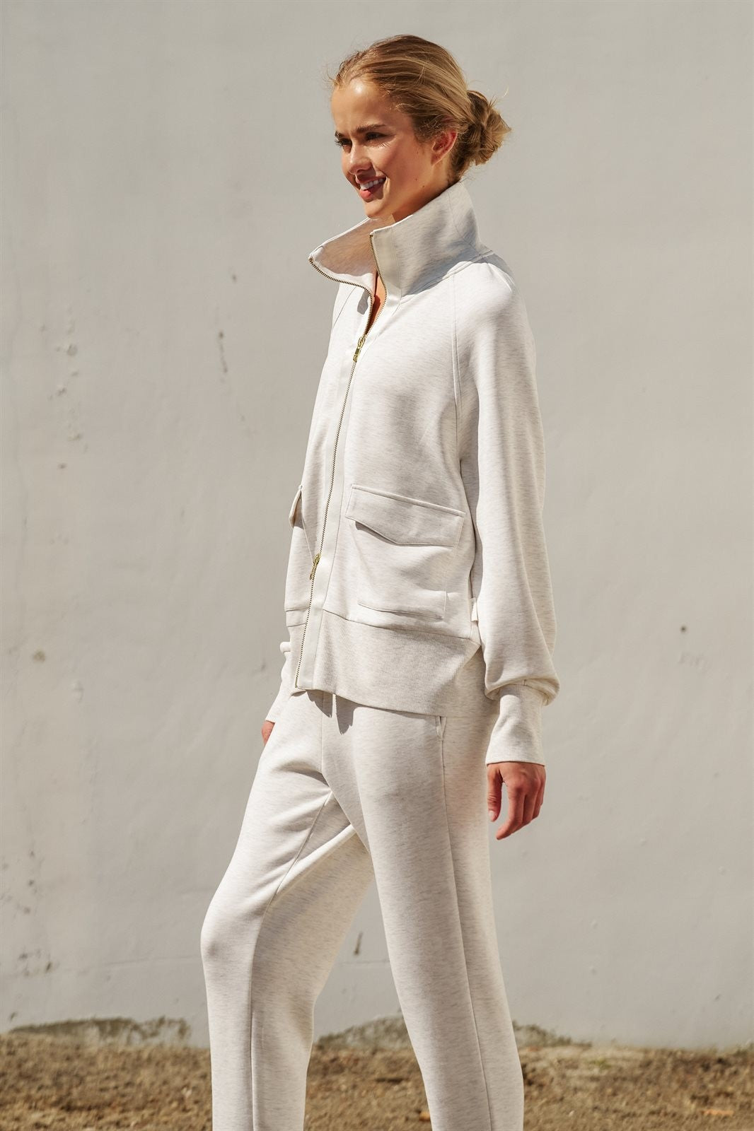 Scuba Knit Zip Up Track Bomber Jacket in White Melange - Women's Fashion | Urban Daizy