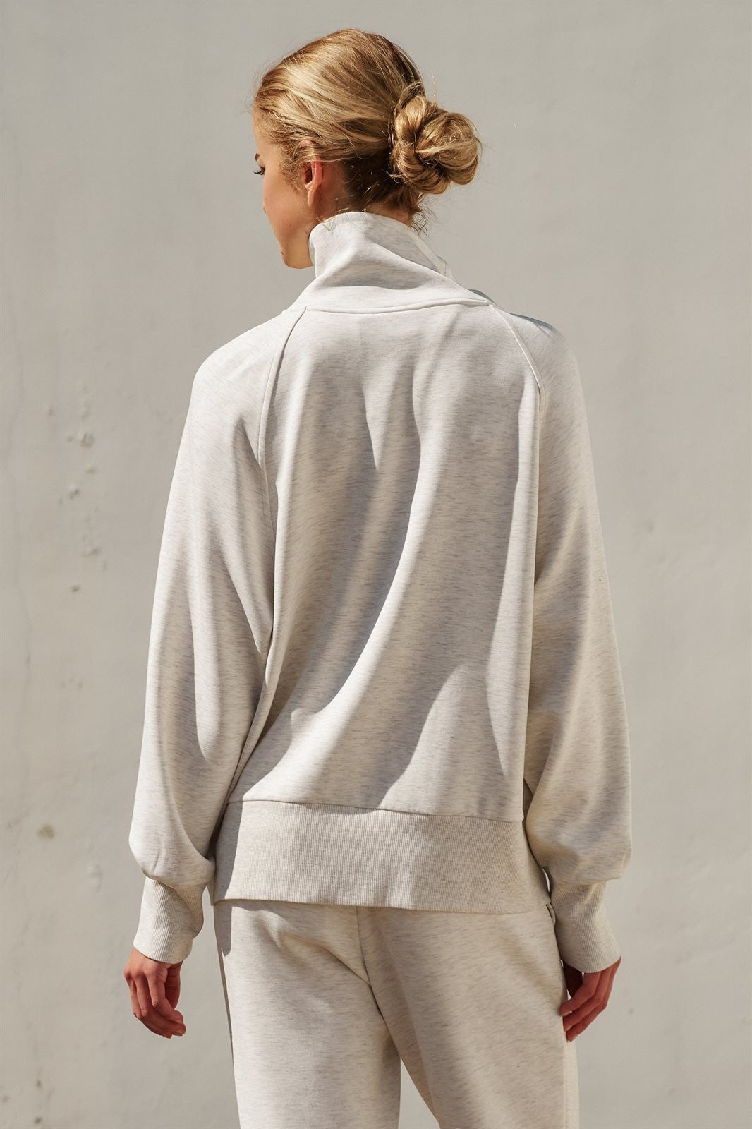 Scuba Knit Zip Up Track Bomber Jacket in White Melange - Women's Fashion | Urban Daizy