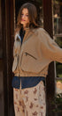 Cotton Twill Harrington Jacket With Striped Lining in Khaki - Women's Jackets & Blazers | Urban Daizy