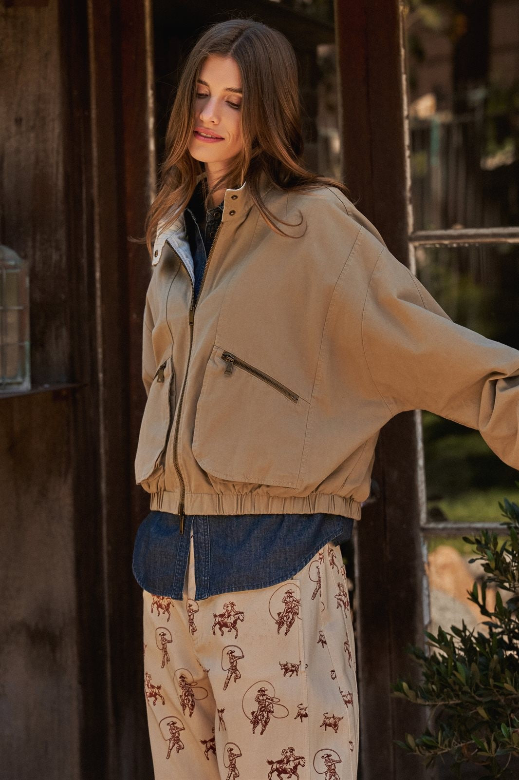 Cotton Twill Harrington Jacket With Striped Lining in Khaki - Women's Jackets & Blazers | Urban Daizy