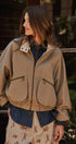 Cotton Twill Harrington Jacket With Striped Lining in Khaki - Women's Jackets & Blazers | Urban Daizy
