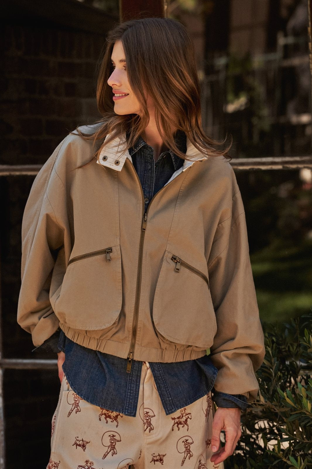 Cotton Twill Harrington Jacket With Striped Lining in Khaki - Women's Jackets & Blazers | Urban Daizy
