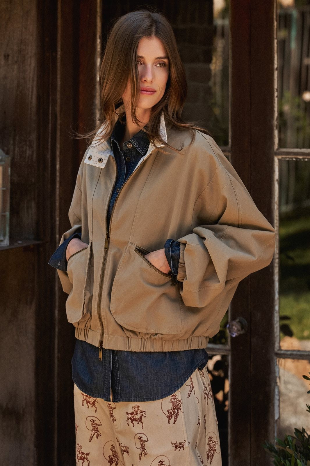 Cotton Twill Harrington Jacket With Striped Lining in Khaki - Women's Jackets & Blazers | Urban Daizy
