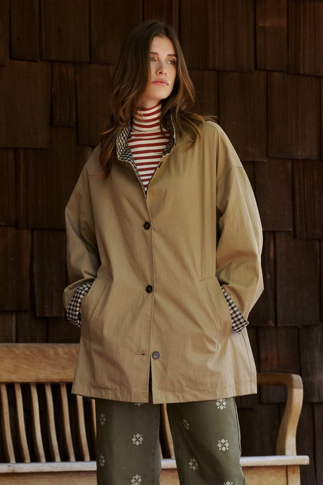 Gingham Lined Oversized Car Coat in Camel - Women's Jackets & Blazers | Urban Daizy