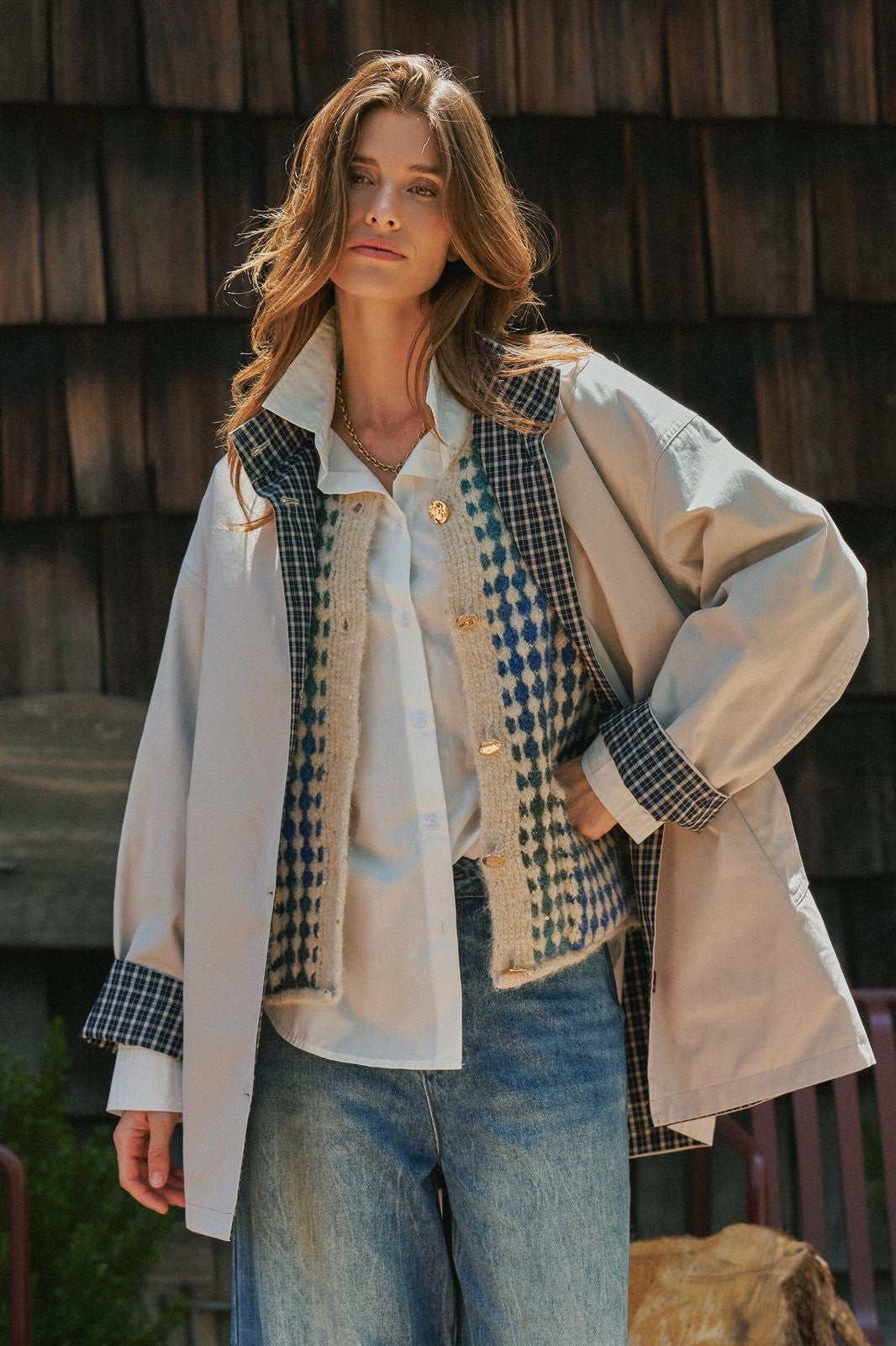 Gingham Lined Oversized Car Coat in Grey - Women's Jackets & Blazers | Urban Daizy