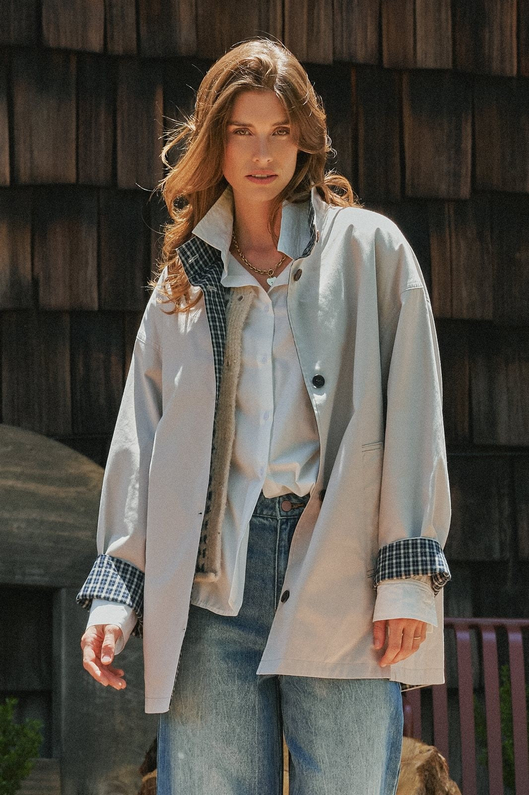 Gingham Lined Oversized Car Coat in Grey - Women's Jackets & Blazers | Urban Daizy