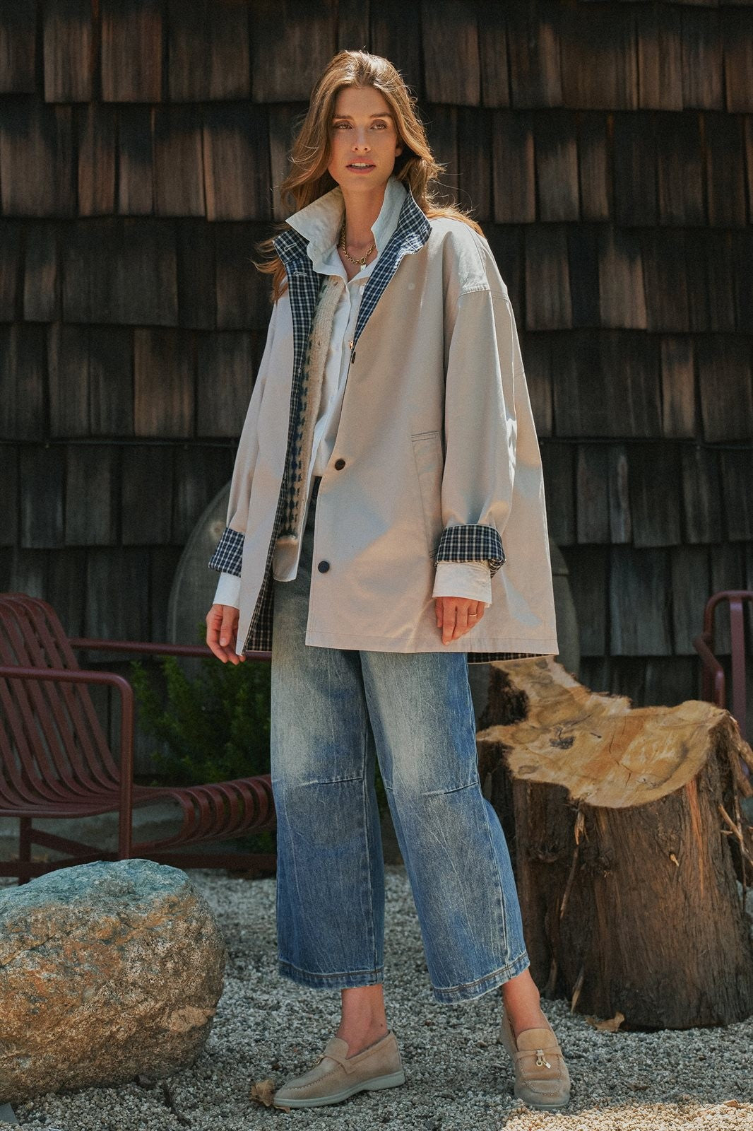 Gingham Lined Oversized Car Coat in Grey - Women's Jackets & Blazers | Urban Daizy