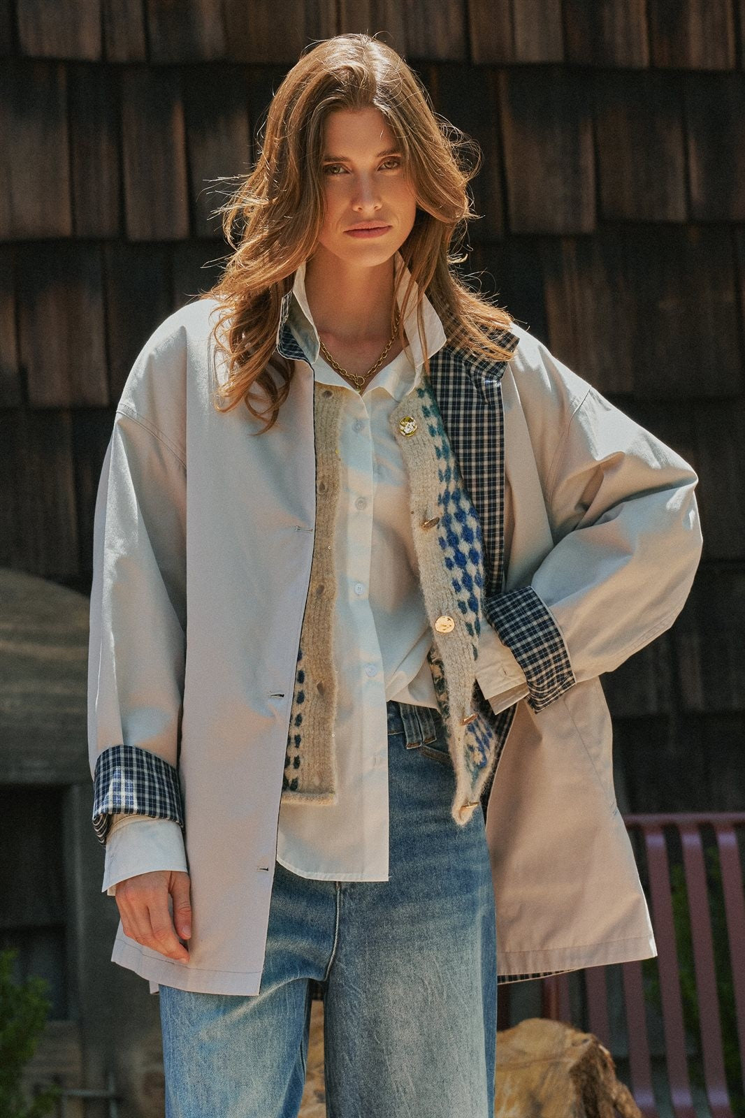 Gingham Lined Oversized Car Coat in Grey - Women's Jackets & Blazers | Urban Daizy