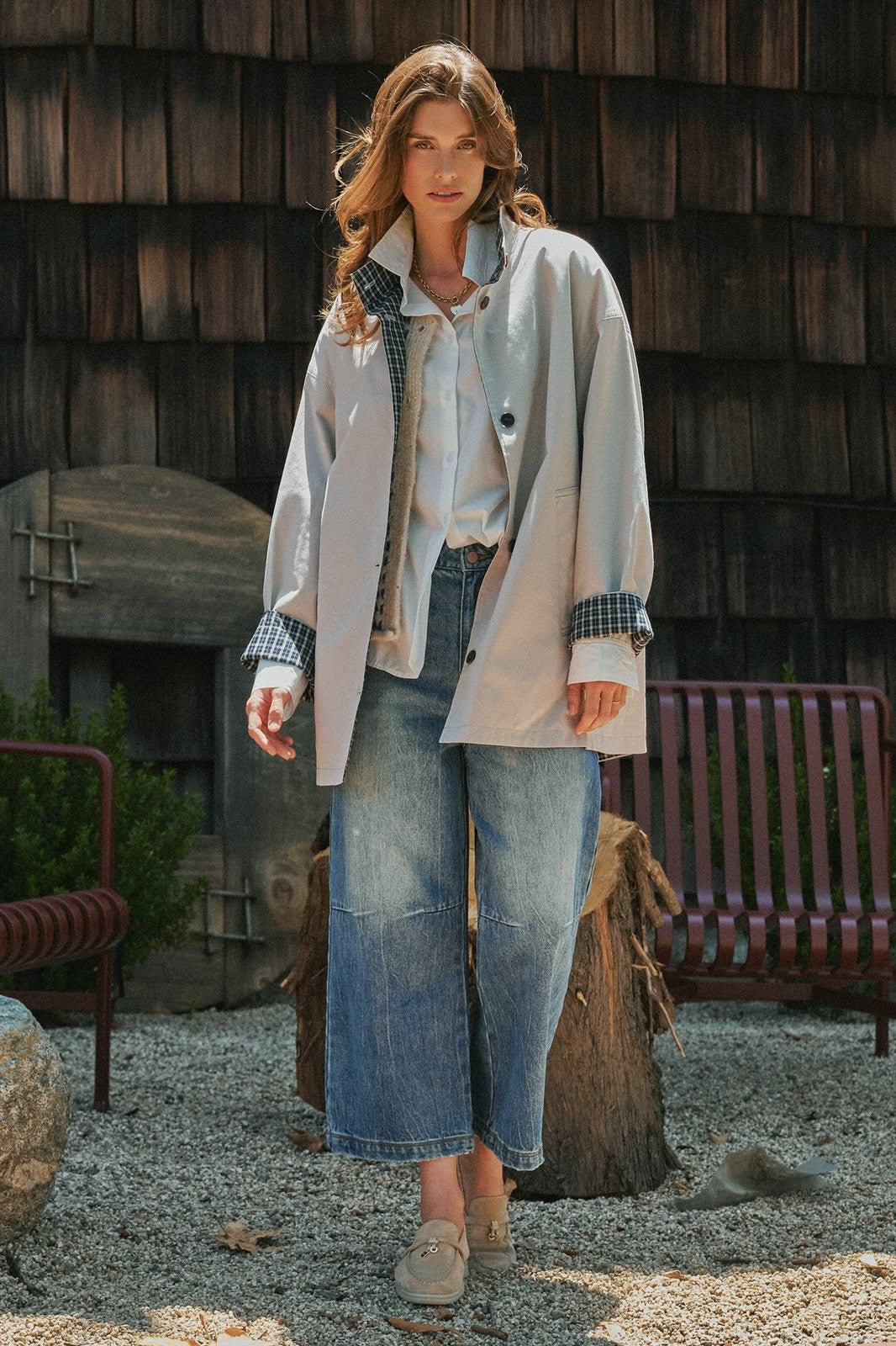 Gingham Lined Oversized Car Coat in Grey - Women's Jackets & Blazers | Urban Daizy