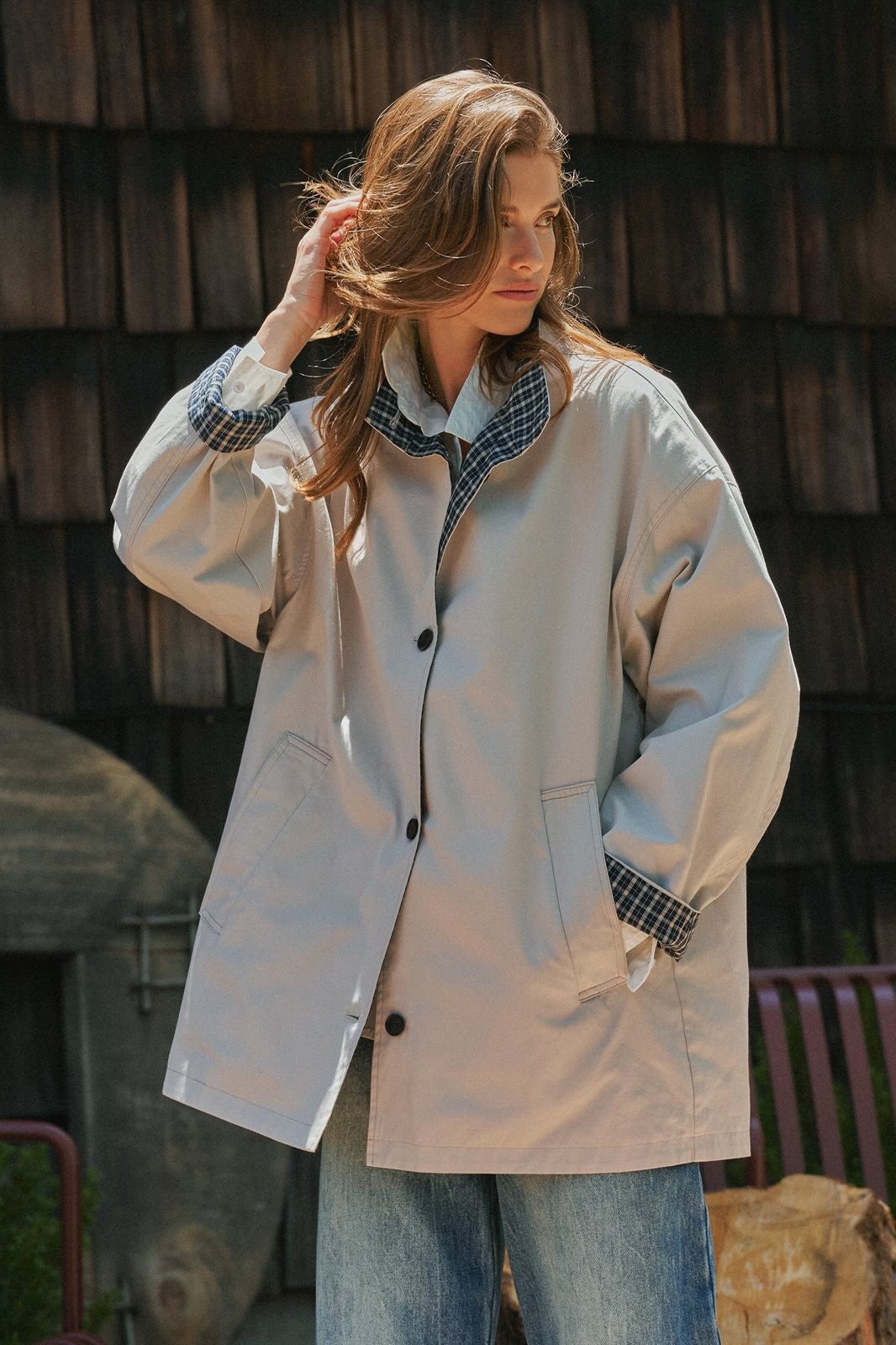 Gingham Lined Oversized Car Coat in Grey - Women's Jackets & Blazers | Urban Daizy