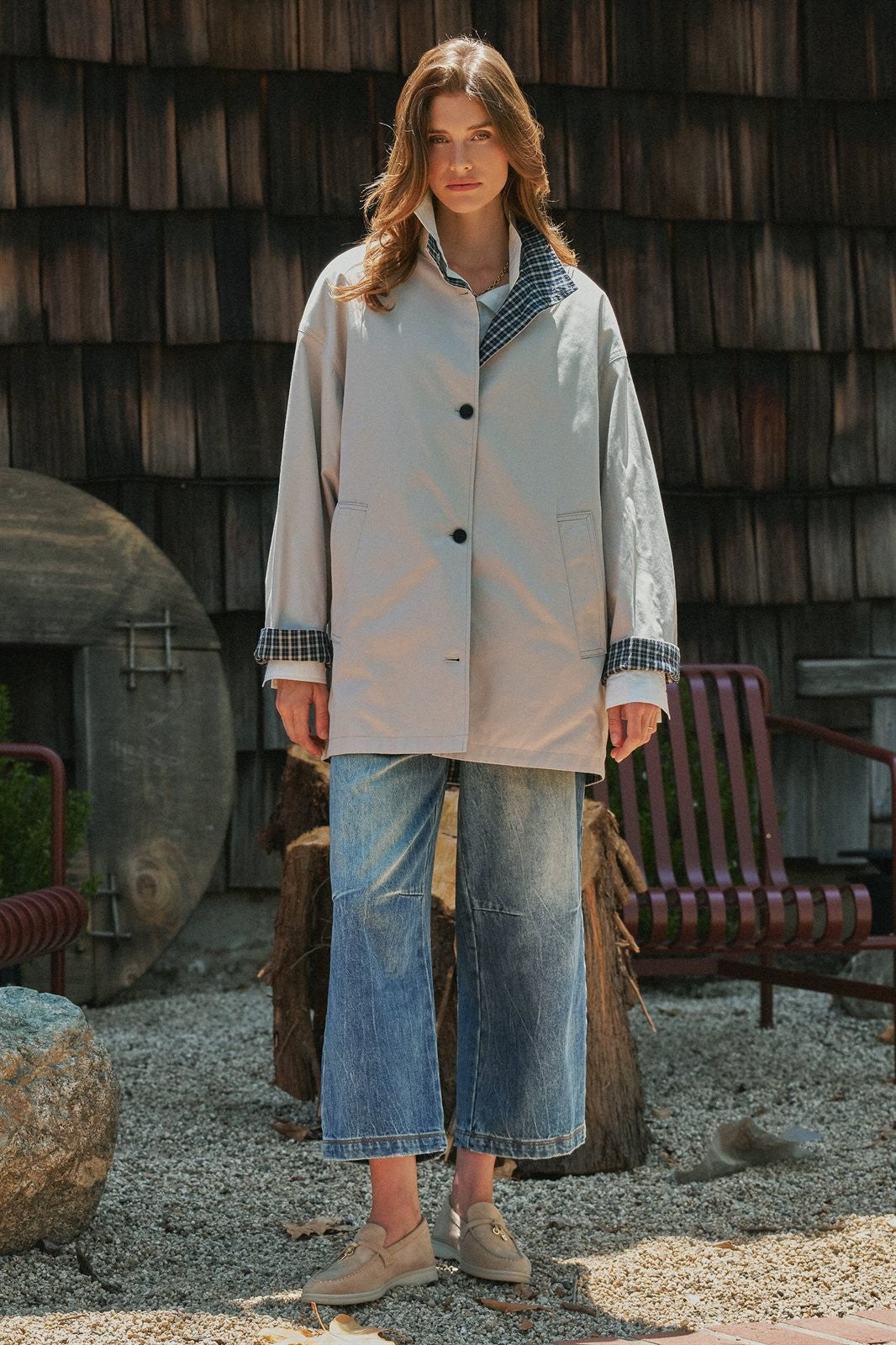 Gingham Lined Oversized Car Coat in Grey - Women's Jackets & Blazers | Urban Daizy