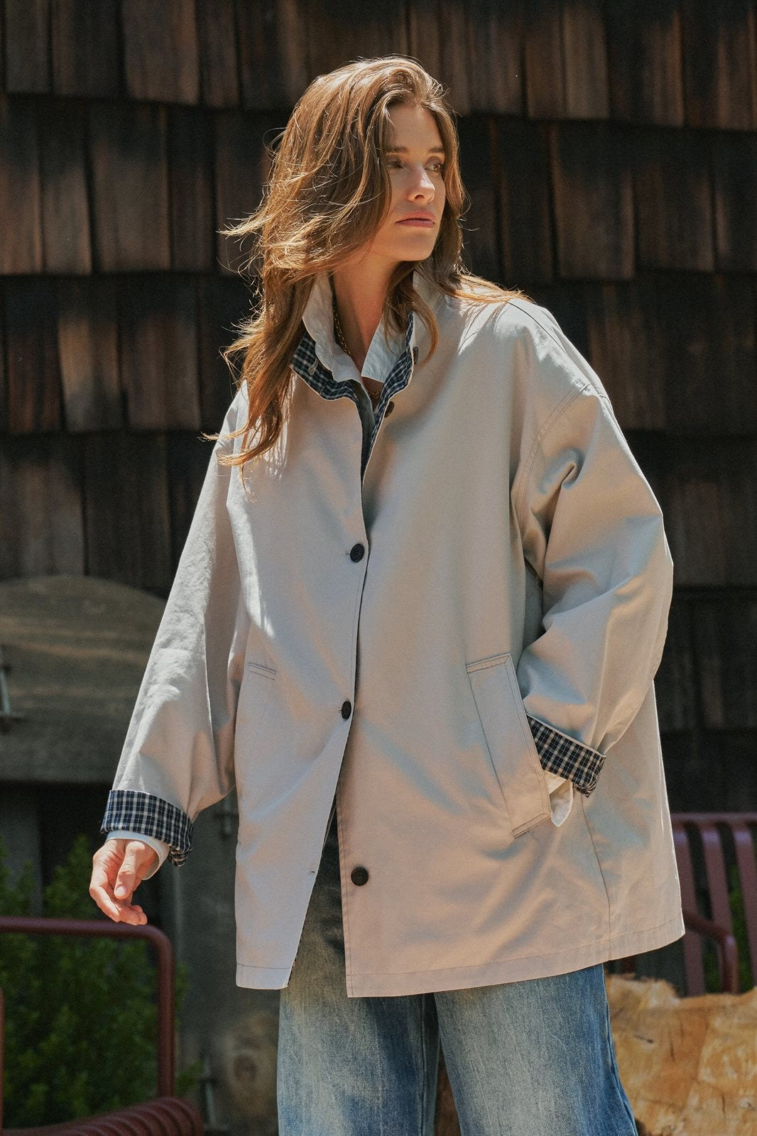 Gingham Lined Oversized Car Coat in Grey - Women's Jackets & Blazers | Urban Daizy