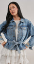 Belted Denim Jacket With Plaid Cuffs in Denim - Women's Jackets & Blazers | Urban Daizy