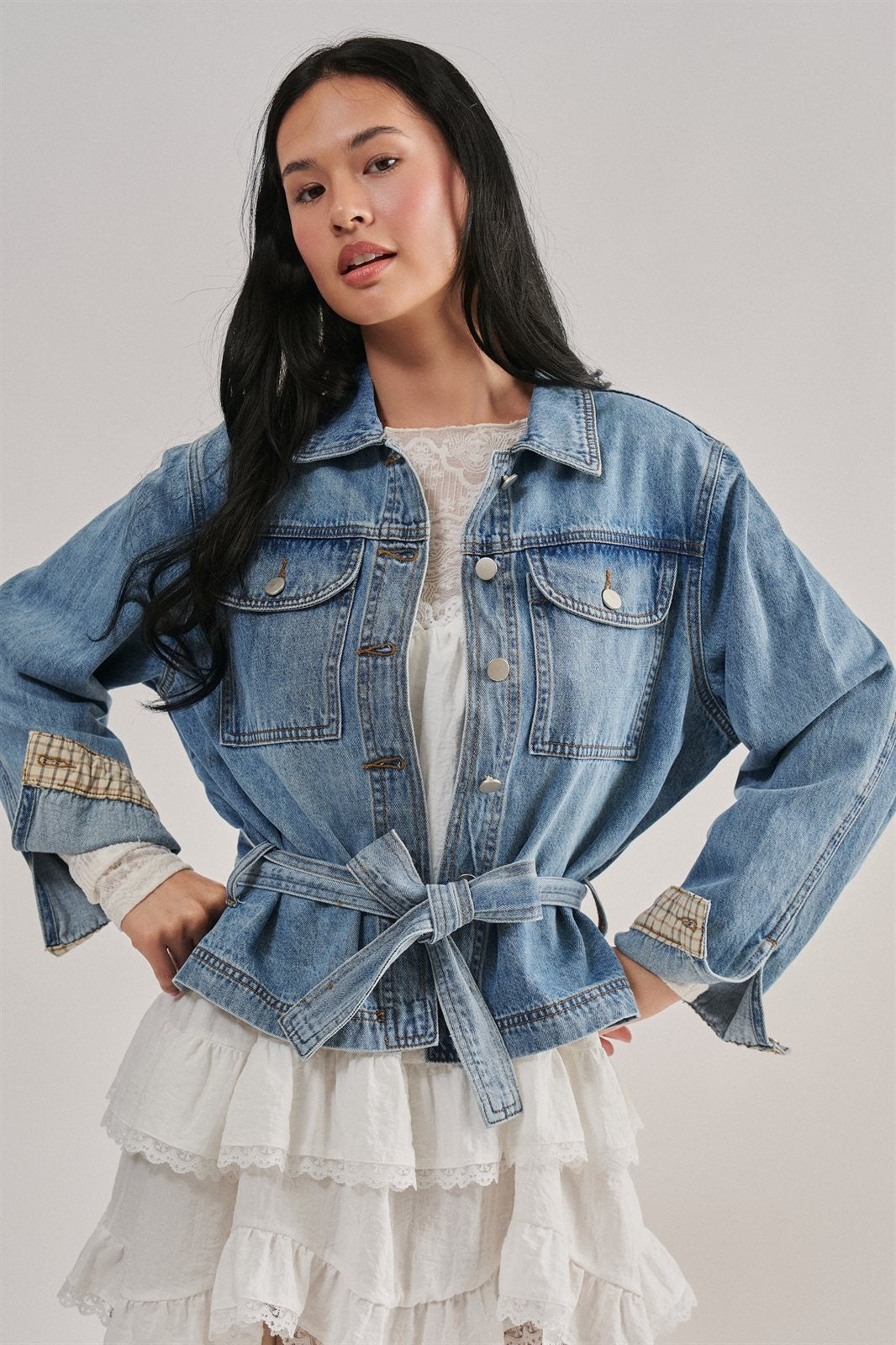 Belted Denim Jacket With Plaid Cuffs in Denim - Women's Jackets & Blazers | Urban Daizy