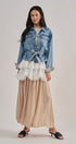 Belted Denim Jacket With Plaid Cuffs in Denim - Women's Jackets & Blazers | Urban Daizy