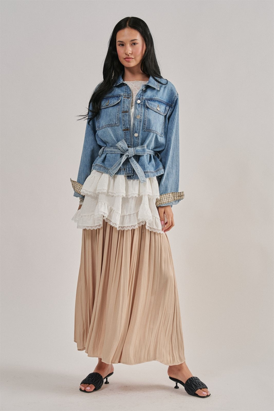 Belted Denim Jacket With Plaid Cuffs in Denim - Women's Jackets & Blazers | Urban Daizy