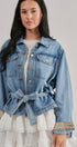 Belted Denim Jacket With Plaid Cuffs in Denim - Women's Jackets & Blazers | Urban Daizy