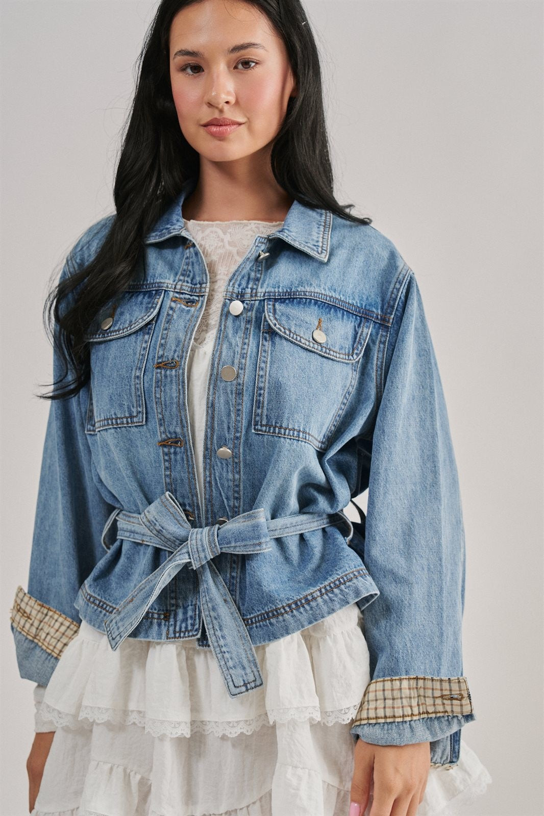 Belted Denim Jacket With Plaid Cuffs in Denim - Women's Jackets & Blazers | Urban Daizy