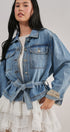 Belted Denim Jacket With Plaid Cuffs in Denim - Women's Jackets & Blazers | Urban Daizy