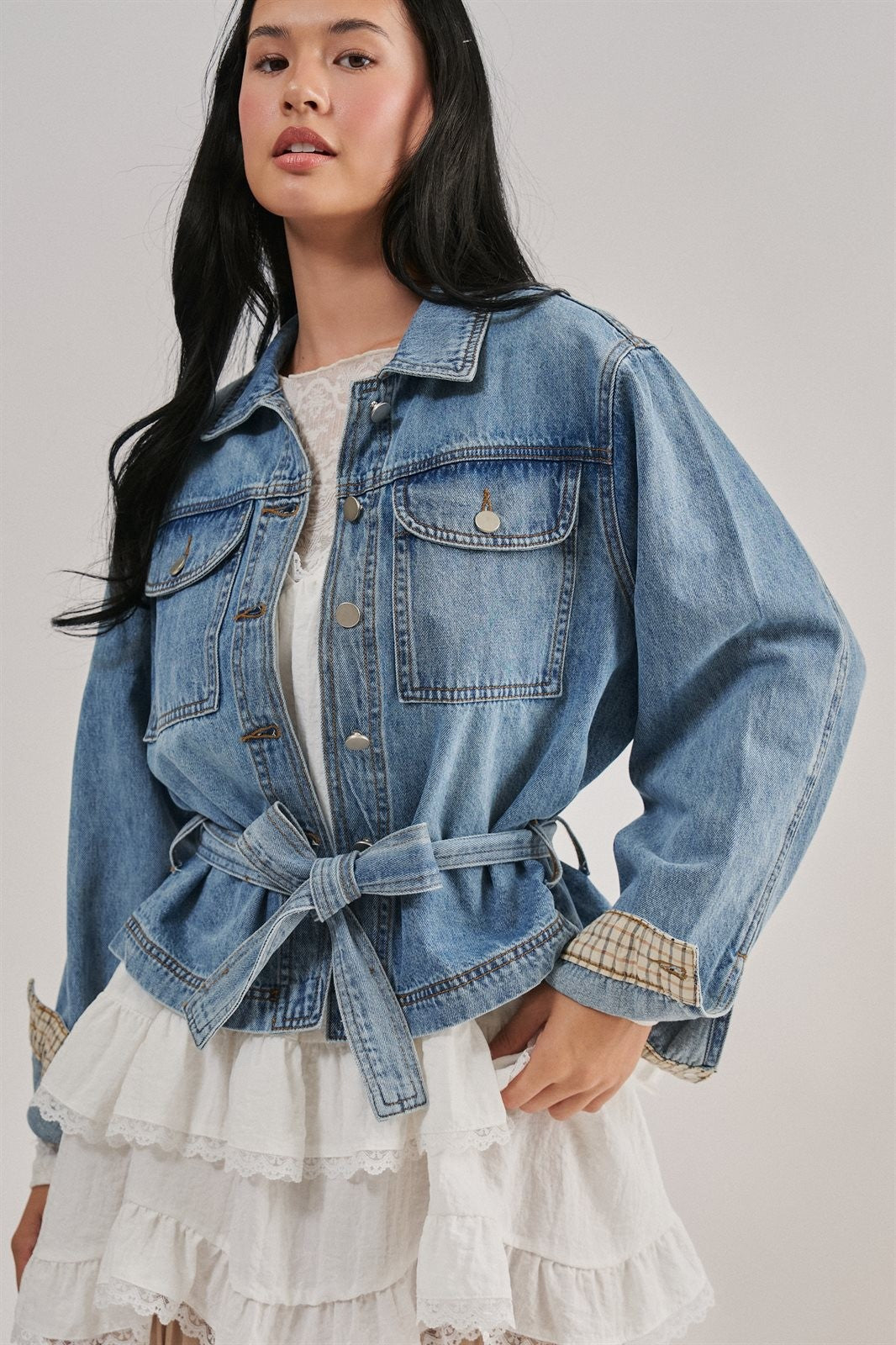 Belted Denim Jacket With Plaid Cuffs in Denim - Women's Jackets & Blazers | Urban Daizy