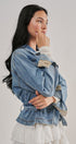 Belted Denim Jacket With Plaid Cuffs in Denim - Women's Jackets & Blazers | Urban Daizy