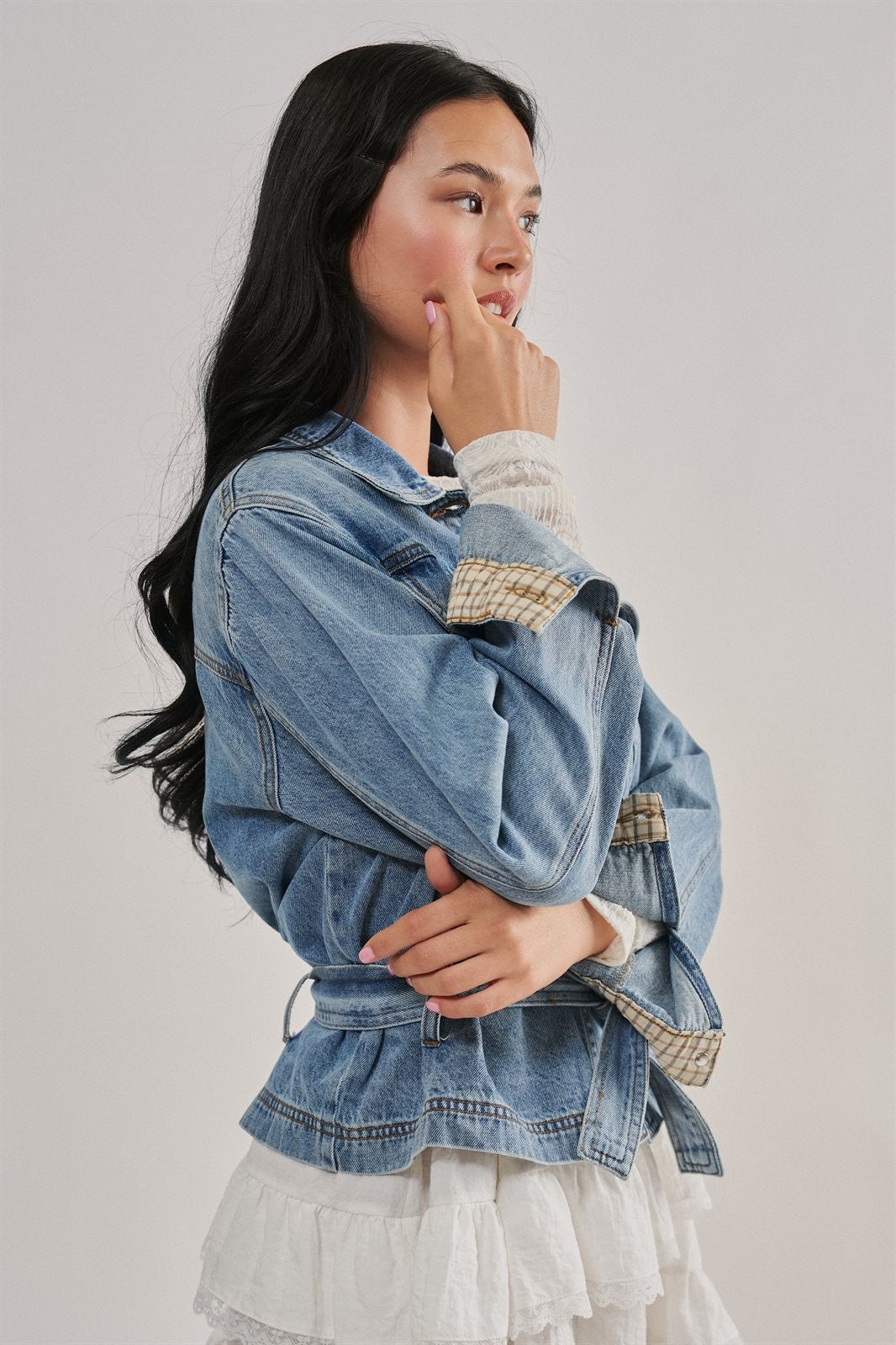 Belted Denim Jacket With Plaid Cuffs in Denim - Women's Jackets & Blazers | Urban Daizy