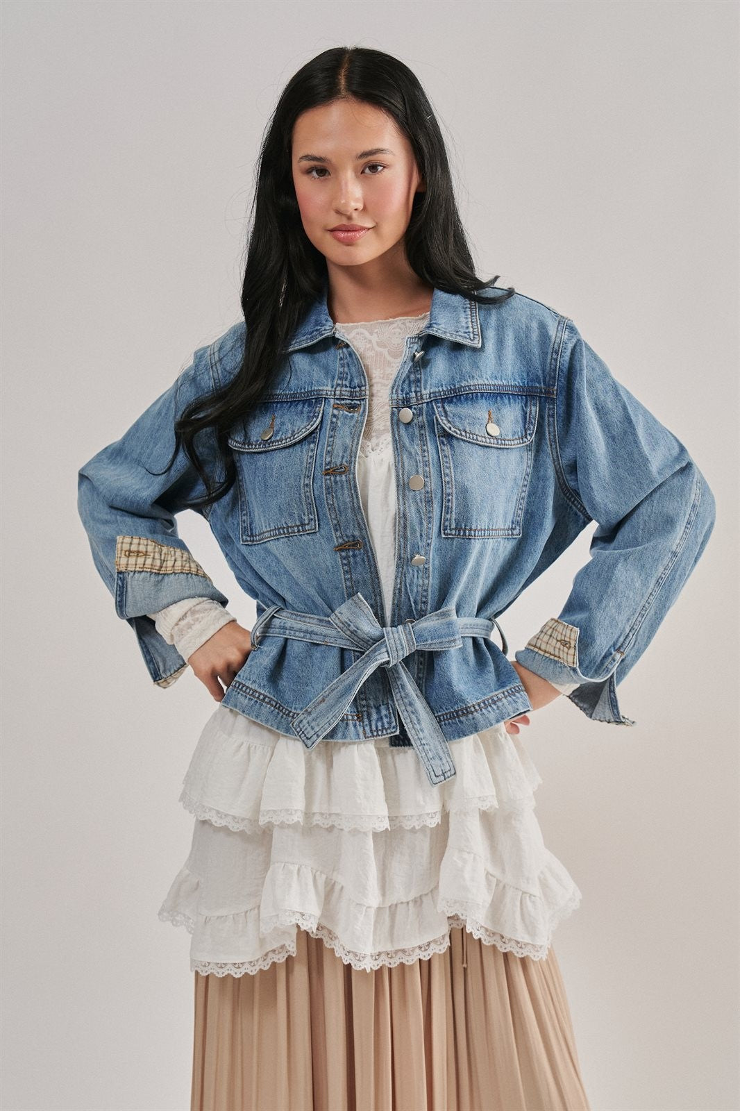 Belted Denim Jacket With Plaid Cuffs in Denim - Women's Jackets & Blazers | Urban Daizy