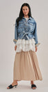 Belted Denim Jacket With Plaid Cuffs in Denim - Women's Jackets & Blazers | Urban Daizy