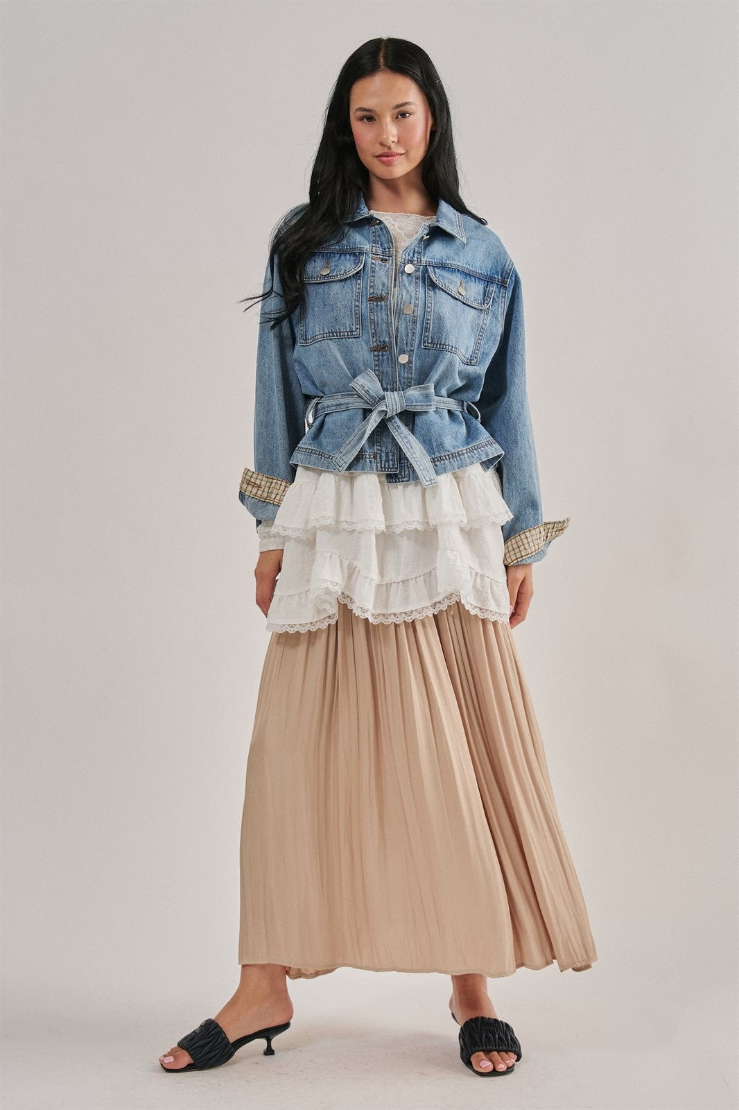 Belted Denim Jacket With Plaid Cuffs in Denim - Women's Jackets & Blazers | Urban Daizy