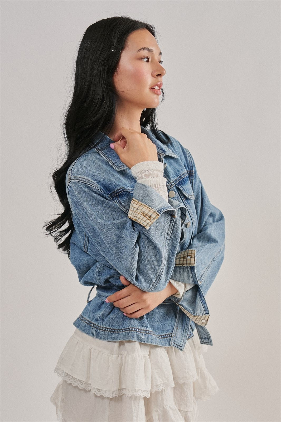 Belted Denim Jacket With Plaid Cuffs in Denim - Women's Jackets & Blazers | Urban Daizy